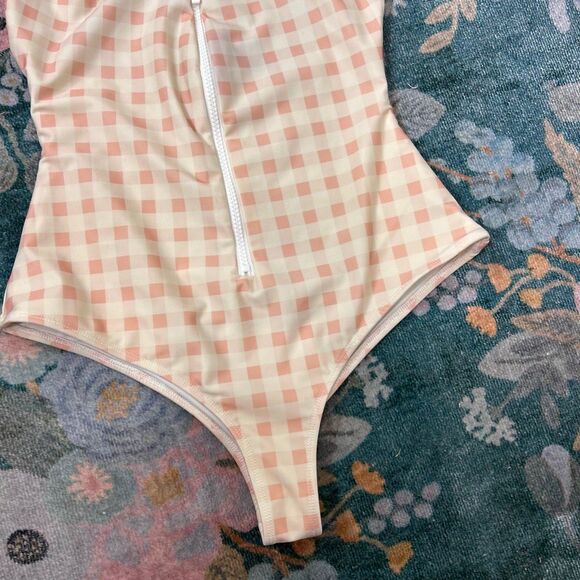 For Love And Lemons Bonnie One Piece Swimsuit Zip Up Small Pink Gingham Halter S - Picture 9 of 16